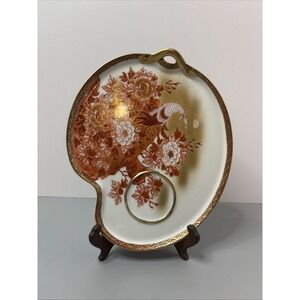 Nippon Porcelain Tray Peacock Floral Gold Trim Handle Dish